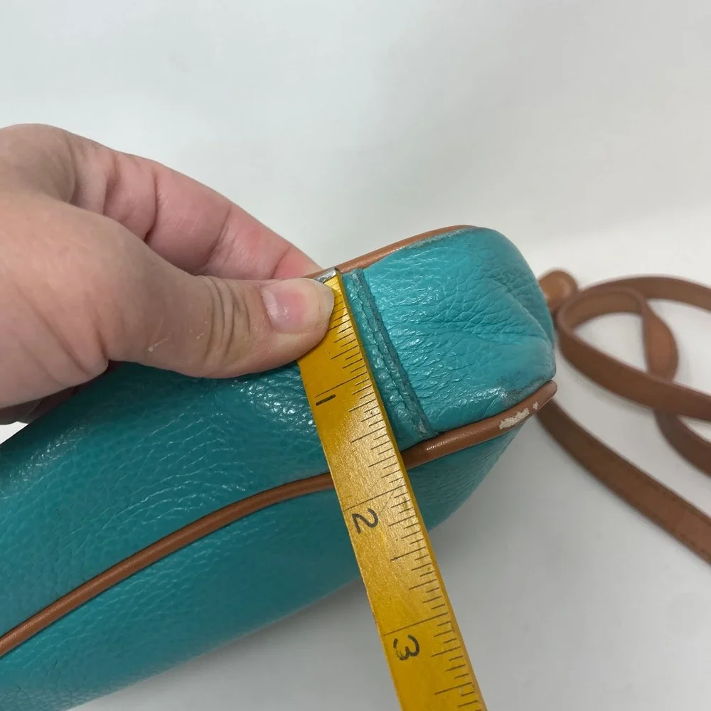 Valentina Italy Teal Blue Pebbled Leather Crossbody Bag Brown Trim Messenger